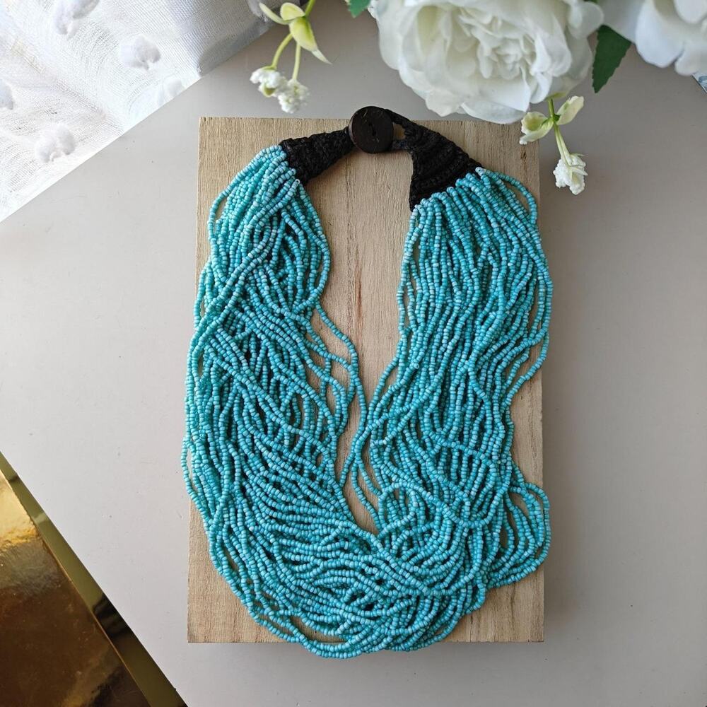 Vintage boho pastel teal multi-strand seed bead statement necklace with crochet
